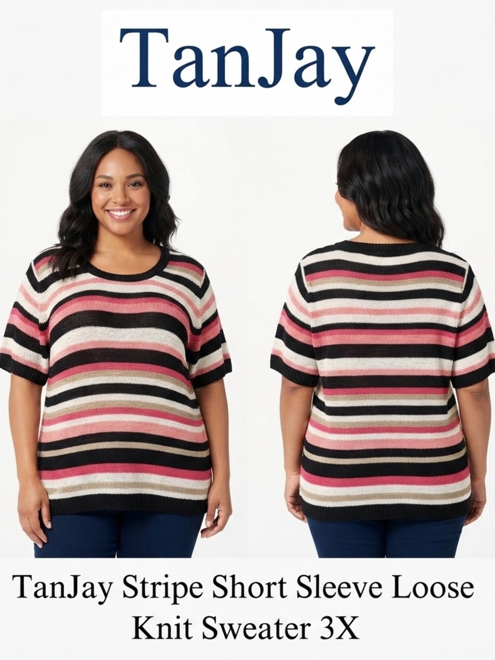 TanJay Stripe Short Sleeve Loose Knit Sweater 3X